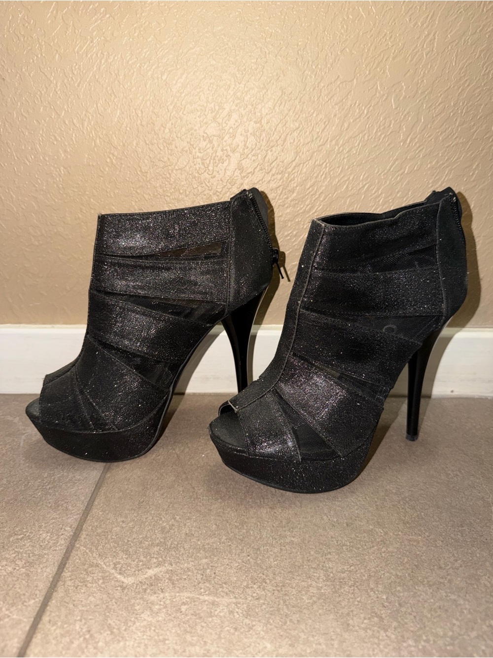 Deb Black Glitter Peep-Toe Stiletto Booties